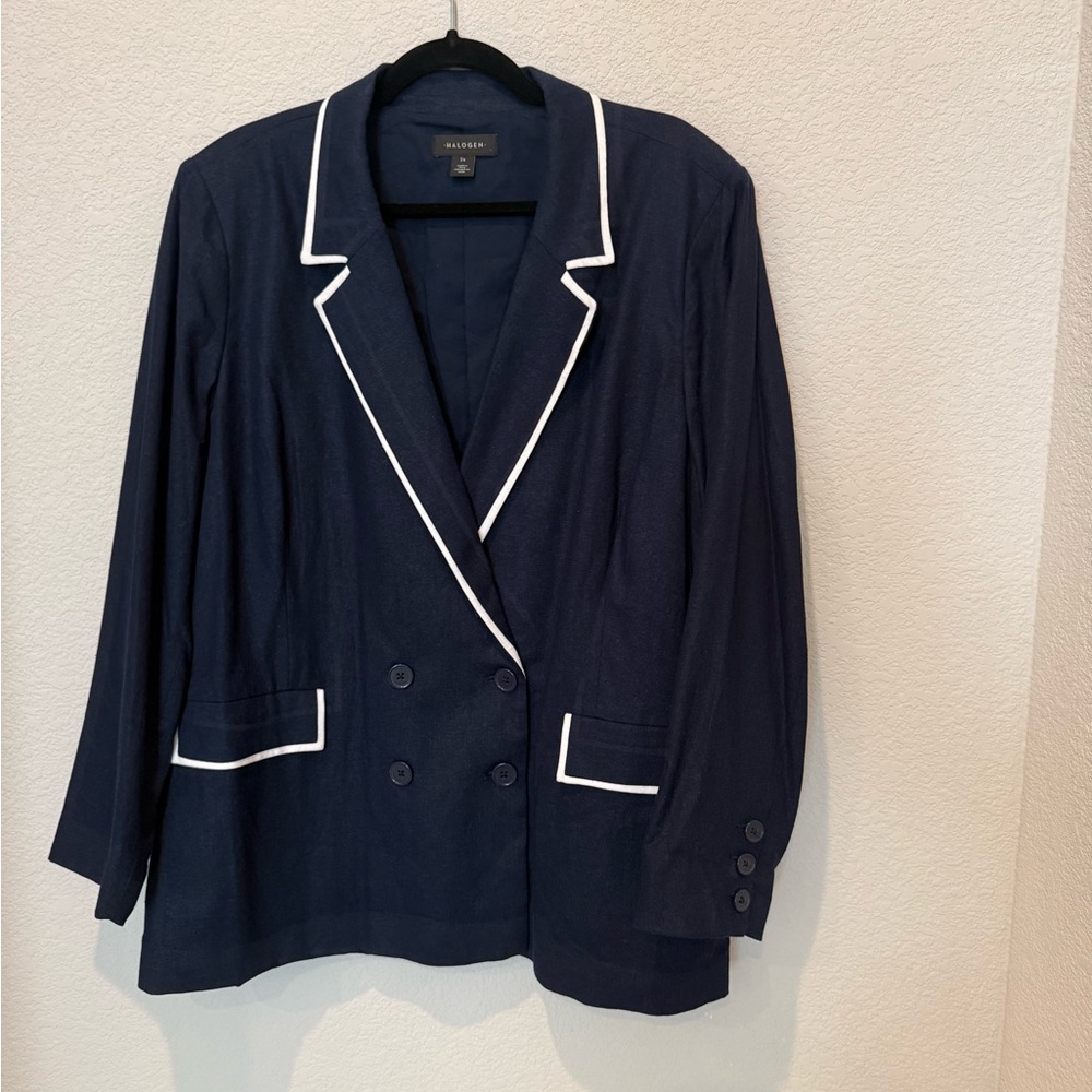 Halogen Navy Double-Breasted Women's Jacket with White Trim